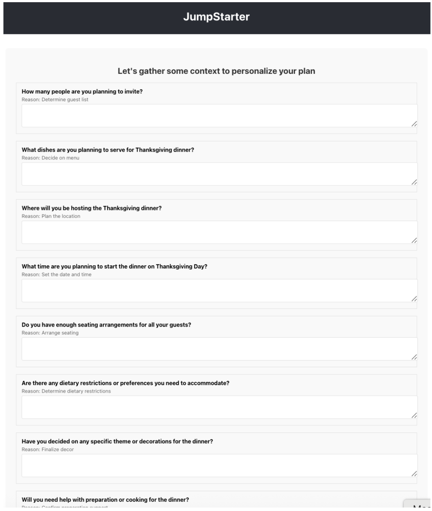 Jumpstarter showing the laundry list of questions